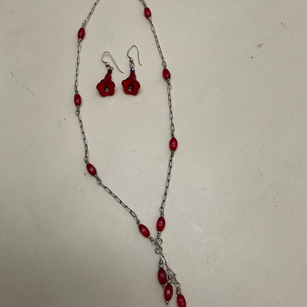 Necklace and earring set, handmade, silver with red stones.